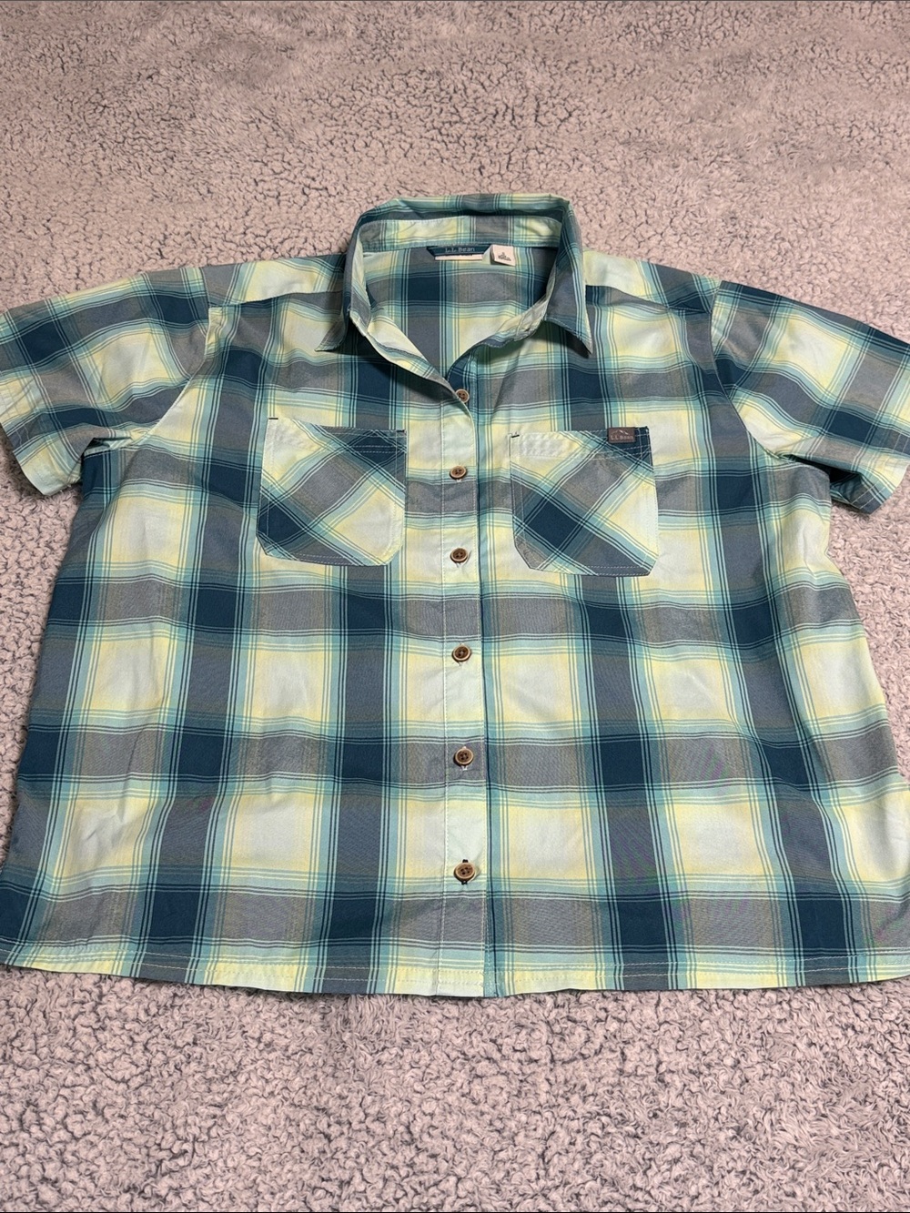 L.L. Bean Women’s Short-Sleeve Plaid Button-Down Shirt - Green & Yellow